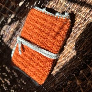 Handmade Orange Crochet Bookcover with Spa Blue Trim